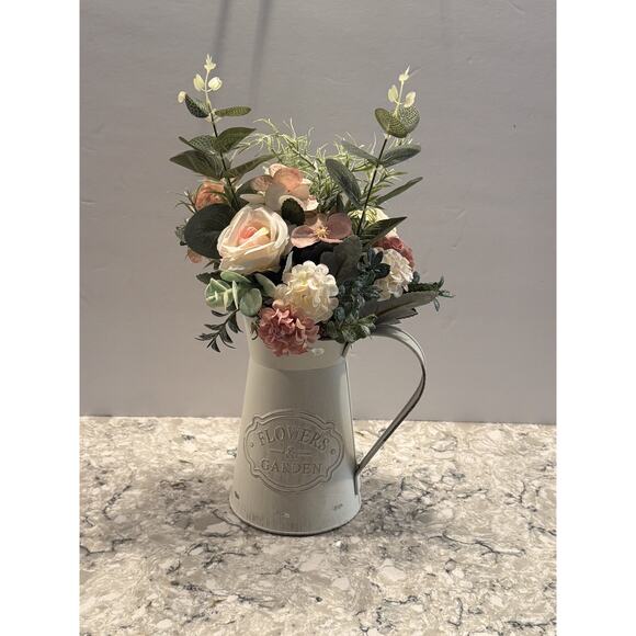 Floral Arrangement in Metal Pitcher - Farmhouse Rustic Home Decor - Picture 2 of 5